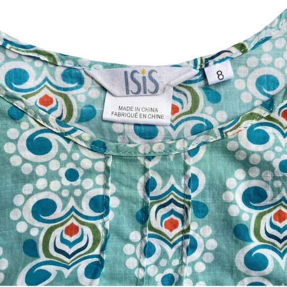 ISIS Teal Aqua Art Deco Print Cotton Cap Sleeve Blouse - Size 8 - Picture 4 of 10